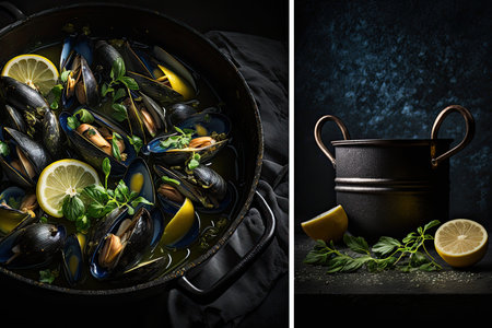 mussels in white wine and lemon juice in a blue cast-iron. Illustration Generative AIの素材