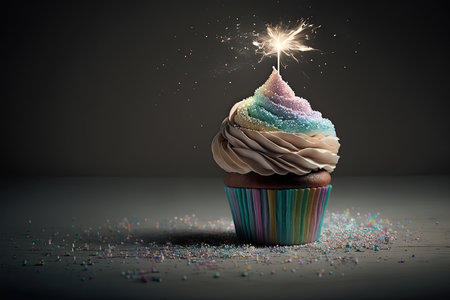 Pastel rainbow birthday cupcake with sparkler. Illustration Generative AIの素材