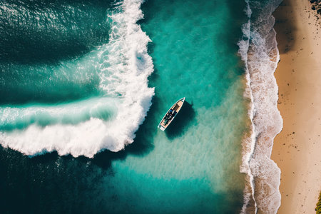 Wave and boat on the beach as background. beautiful nature. Illustration Generative AIの素材