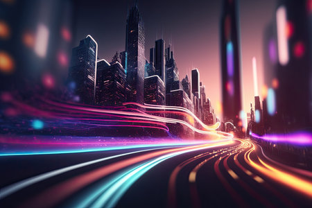 Abstract speed light flow through the city with gradient. Illustration Generative AIの素材