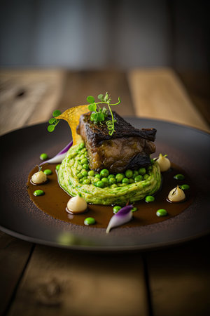 Lamb belly peas with herb crusted roast potato puree. Illustration Generative AIの素材