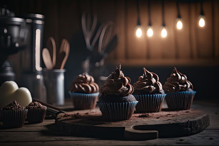 Chocolate Cupcakes in a rustic kitchen. Illustration Generative AIの素材