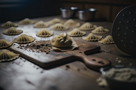 Pierogi in the making on a wooden background. Illustration Generative AIの素材