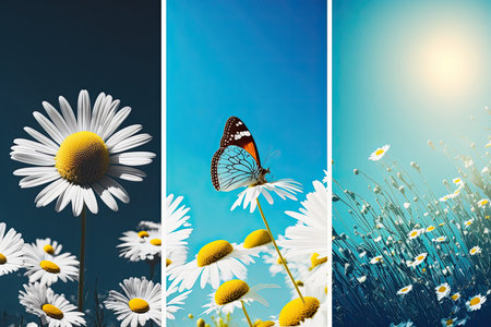Chamomile in a summer spring field against a blue. Illustration Generative AIの素材