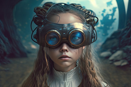 girl in virtual world in vr glasses full body. Illustration Generative AIの素材