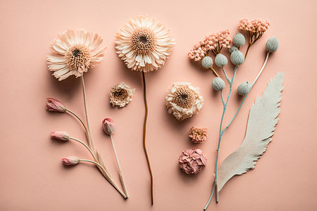 Top view image of dry pink flowers over pastel background. Illustration Generative AIの素材