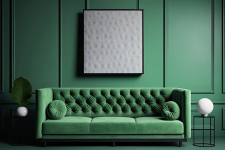 Green wall background minimalist sofa marble pattern wood. Illustration Generative AIの素材