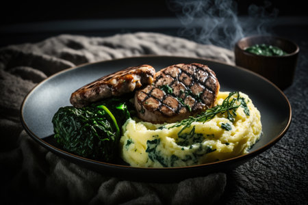 Grilled sausages with mashed potatoes. Illustration Generative AIの素材