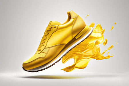 Flying yellow leather womens sneaker isolated on white background. Illustration Generative AIの素材