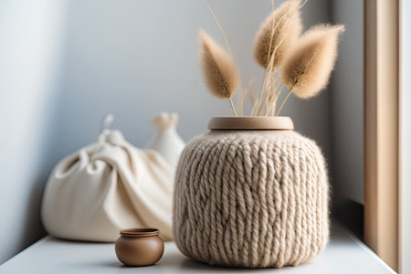 Rabbit tail grass in beautiful tan vase wooden storage. Illustration Generative AIの素材