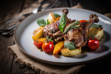 Duck legs baked with apples and tomatoes Illustration Generative AIの素材