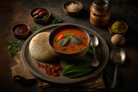 Idli sambar or Idli with sambhar and green red chutney Illustration Generative AIの素材