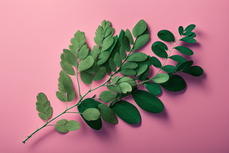a beautiful green fresh branch on a pink background. Illustration Generative AIの素材