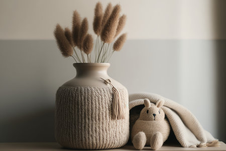 Rabbit tail grass in beautiful tan vase wooden storage. Illustration Generative AIの素材