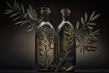 Two olive branches in glass bottles. Illustration Generative AIの素材