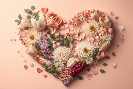 Heart surrounded with fresh colorful flowers on pastel. Illustration Generative AIの素材