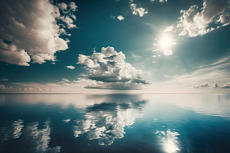 Sunny Sky Over Calm Water Of Sea Or Ocean. Natural Lands. Illustration Generative AIの素材
