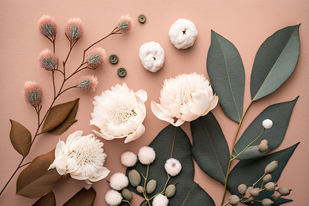 composition of flowers. Eucalyptus leaves and cotton flower. Illustration Generative AIの素材