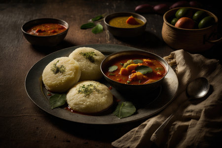 Idli sambar or Idli with sambhar and green red chutney Illustration Generative AIの素材