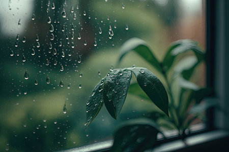 Atmospheric minimal backdrop with rain droplets on glass. Illustration Generative AIの素材