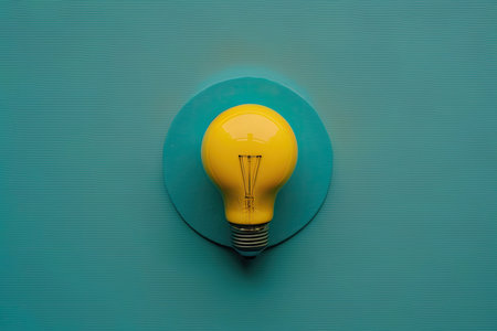 flat lay photo of yellow bulb on turquoise blue background. Illustration Generative AIの素材