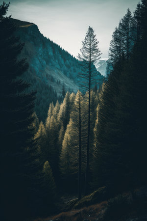 tylised vertical panorama of forest in the French Alps. Illustration Generative AIの素材