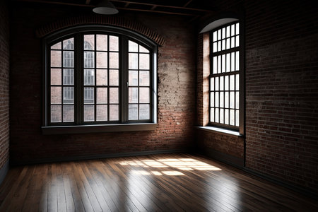 An empty room with a large loft-style window. Illustration Generative AIの素材