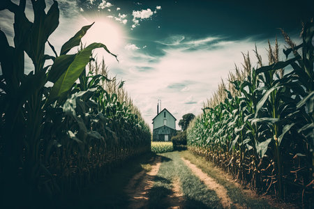 Green corn farm farmland with perfect skies. Illustration Generative AIの素材