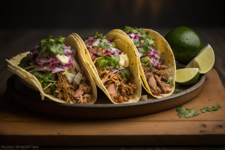 three pork carnitas street tacos in yellow corn tortilla. Illustration Generative AIの素材