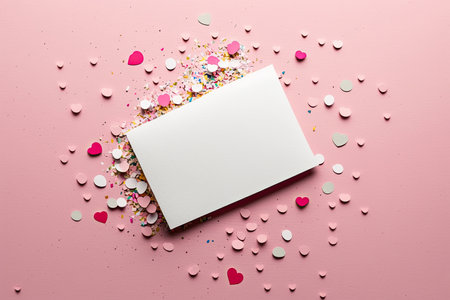 Blank paper card mock up on pink background with pink heart. Illustration Generative AIの素材