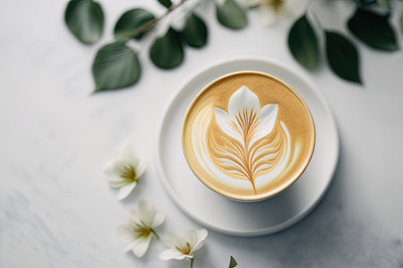 Flat white coffee flower latte art on white table. Illustration Generative AIの素材