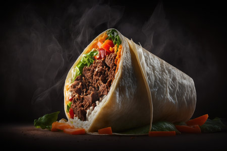Burritos is wrapped in beef and vegetables against a black. Illustration Generative AIの素材