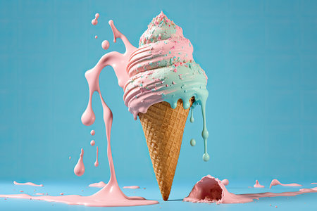Pink ice cream melting and spilling from the waffle cone. Illustration Generative AIの素材