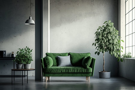 Interior of living room loft style with green fabric sofa. Illustration Generative AIの素材