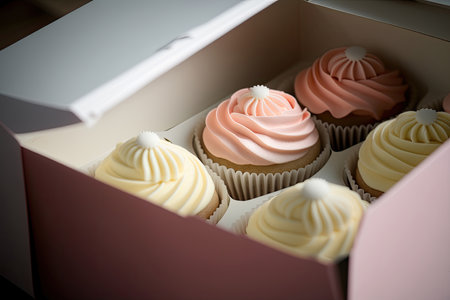 Cupcake packaging delivery box vanilla cupcakes. Illustration Generative AIの素材