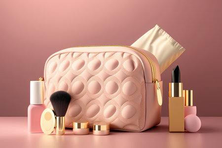 Pink make-up bag with cosmetic products. Illustration Generative AIの素材