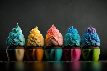 Row of colorful cupcakes in rainbow colors. Illustration Generative AIの素材