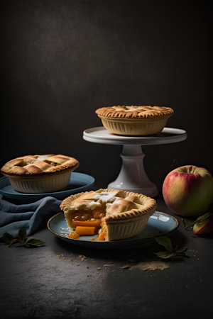 Apple and peach pies on plates documentary photography. Illustration Generative AIの素材