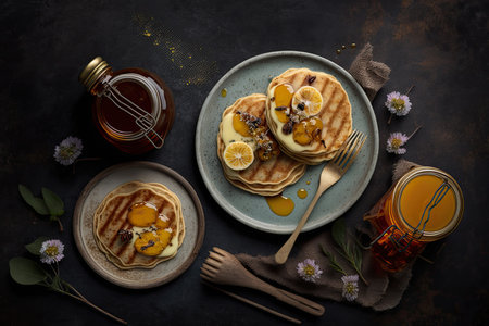 Top view pancakes with honey. Illustration Generative AIの素材