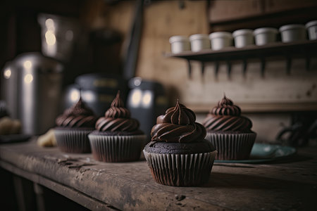 Chocolate Cupcakes in a rustic kitchen. Illustration Generative AIの素材