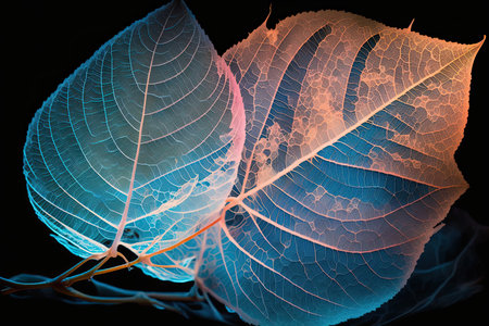 The texture of the transparent skeleton blue leaves . Illustration Generative AIの素材