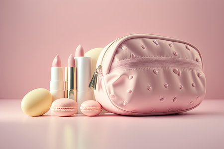 Pink make-up bag with cosmetic products. Illustration Generative AIの素材