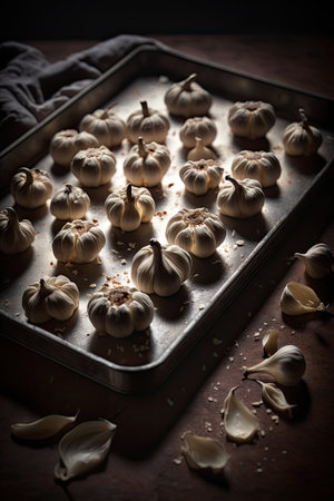 Home baked garlic cloves on a baking tray. Illustration Generative AIの素材