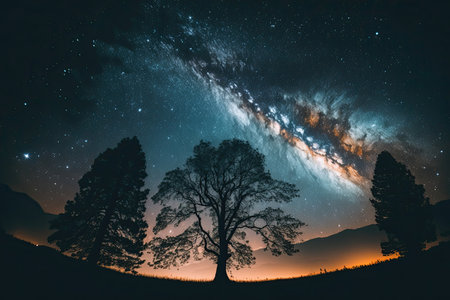 Beautiful night sky Milky Way and trees. Illustration Generative AIの素材