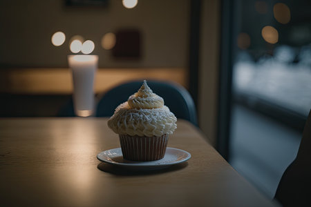Frosted cupcake on a cafe table. Illustration Generative AIの素材