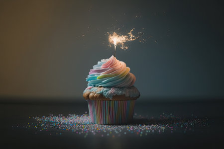 Pastel rainbow birthday cupcake with sparkler. Illustration Generative AIの素材