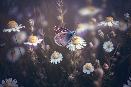 Beautiful chamomile wildflowers purple wild peas. Illustration Generative AIの素材