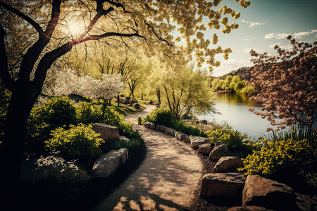 A beautiful colorful spring natural landscape. Illustration Generative AIの素材