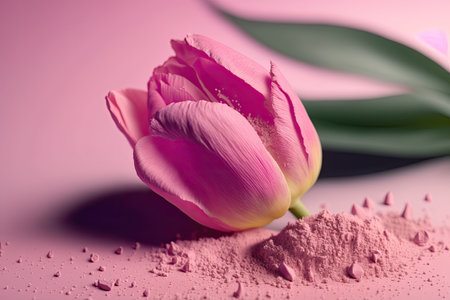 a beautiful pink tulip lying on pink powder. Illustration Generative AIの素材