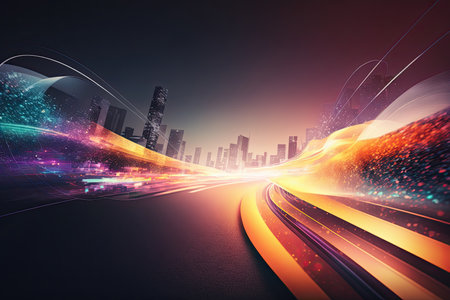 Abstract speed light flow through the city with gradient. Illustration Generative AIの素材